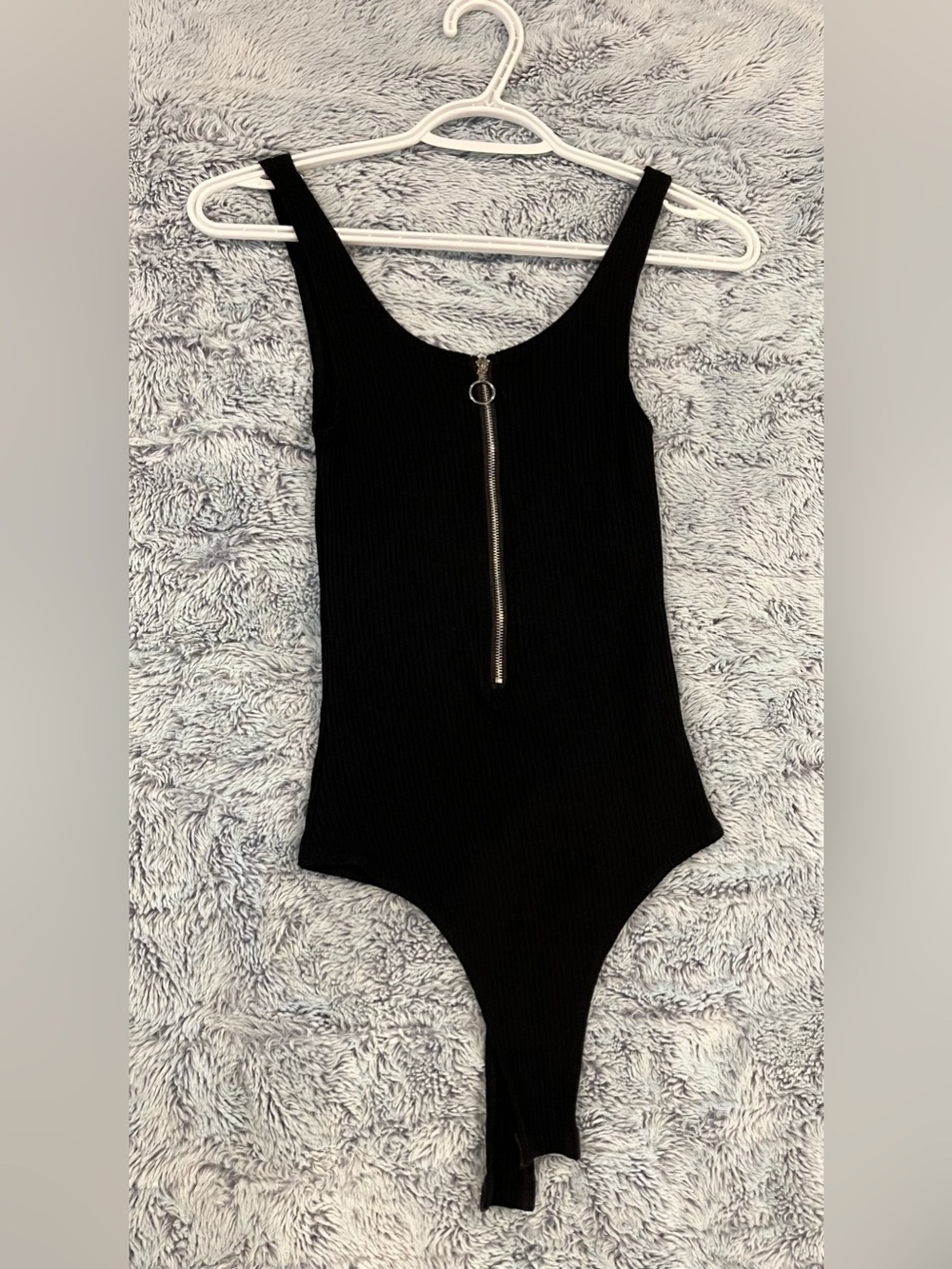 Black Ribbed Bodysuit with Front Zip